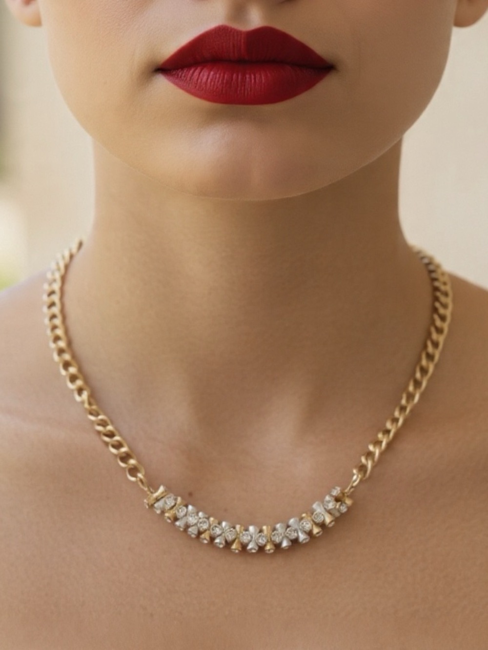 Gold Chain Necklace with Gold & Silver Clear Crystal Accents - Women Jewelry